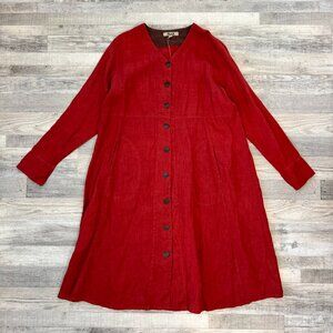 Flax NWT Red 100% Linen V-Neck Dress Size Large Long Sleeve, Midi Length M31